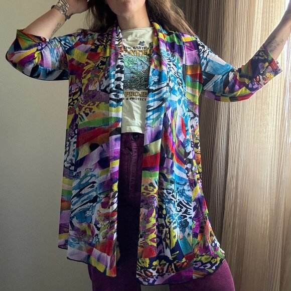 Bright Colorful Print Open Cardigan Lightweight I Size Small - Picture 2 of 7